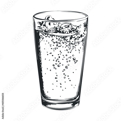 Black and white illustration of a bubbling glass of sparkling water