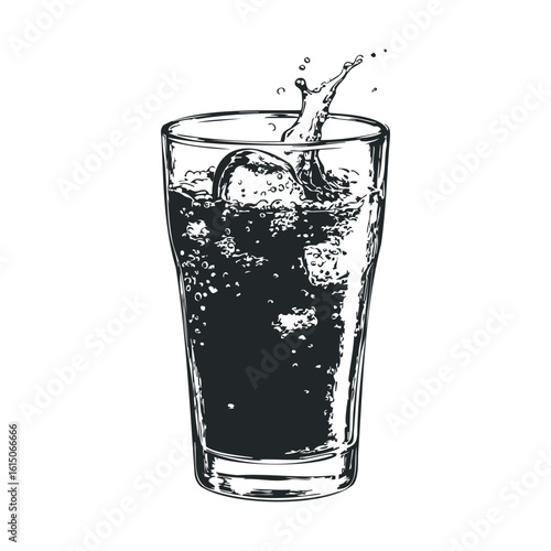 Splashing ice in fizzy soda glass - refreshing beverage sketch in black and white