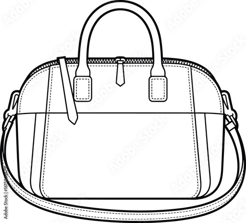 Handbag technical flat illustration, top handle bag vector, zipper detail, fashion accessory cad drawing, shoulder strap, leather bag sketch
