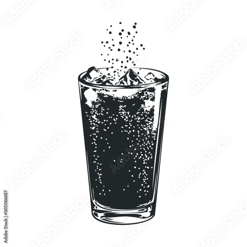Refreshing iced sparkling beverage illustration with ice cubes and bubbling effects