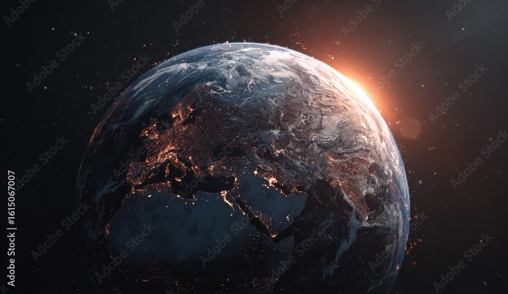 Fototapeta premium Earth, illuminated from space, with city lights visible