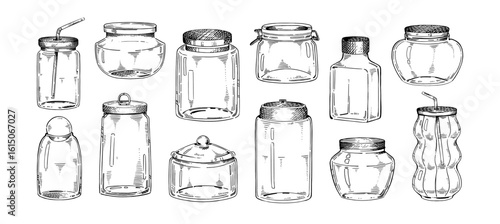 Set different glass jars sketches. Drawing empty bottles, containers for storage drinks, food, products. Masons for storing liquids, jam. Hand drawn isolated vector illustrations on white background