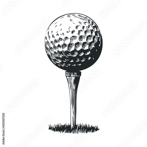 Vintage-style golf ball illustration on tee with grass details