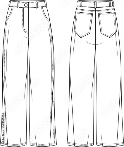 High waisted wide leg pants, front and back view, flat sketch, technical vector drawing, fashion CAD illustration, pocket details included