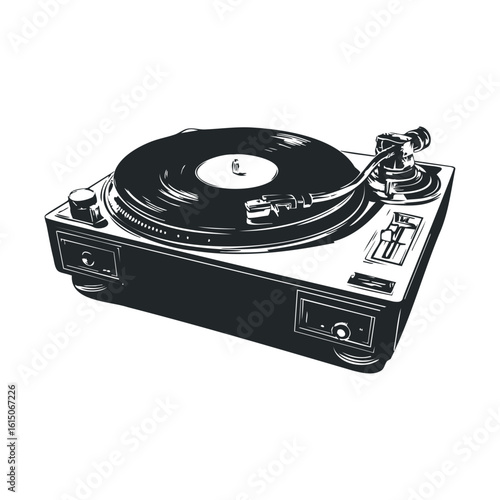 Vintage vinyl turntable illustration in black and white
