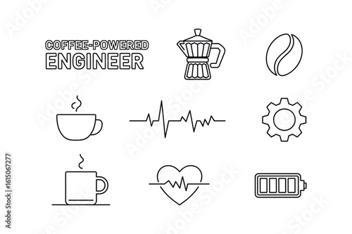 Coffee powered engineer icons with coffee bean moka pot cups heartbeat and battery
