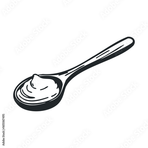 Hand-drawn illustration of a spoon with creamy substance – black and white