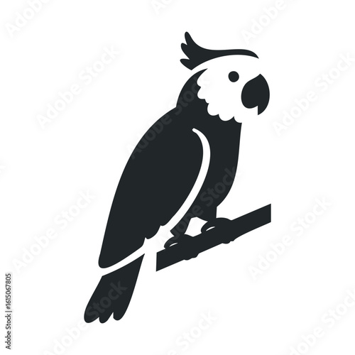 Black and white cockatoo silhouette on branch: iconic parrot illustration