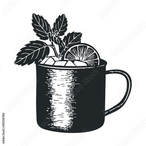 Hand-drawn moscow mule cup with mint leaves and lime slice