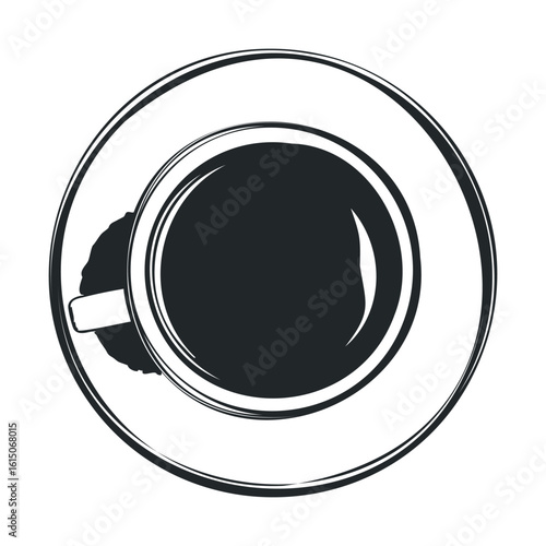Top view of coffee cup with saucer in black and white sketch