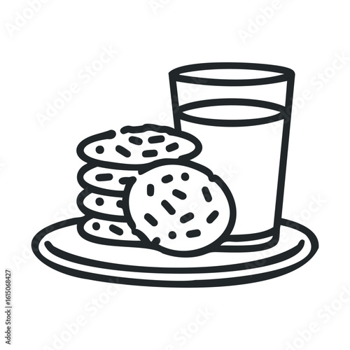 Glass of milk and stacked cookies on plate - black and white illustration
