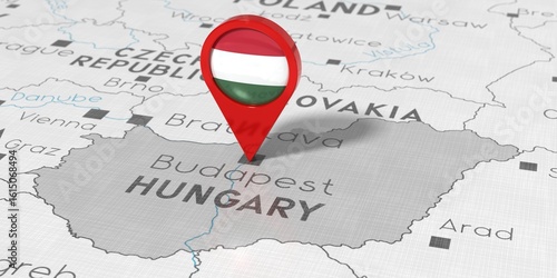 Hungary, Budapest - location pin with national flag on political map - 3D illustration