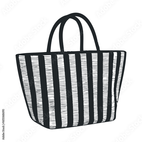Black and white striped tote bag with double handles on white background