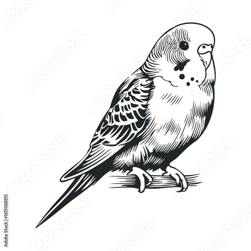 Detailed line art of a perched budgerigar side view illustration