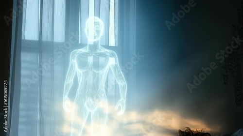 Human passing scene: soul separation, body quiet, death ritual, angelic presence, sacred meeting, spiritual crossing, eternal release, divine farewell, peaceful transit, heavenly embrace, final breath