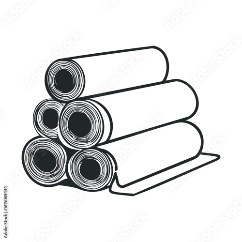 Stack of rolled carpets in black and white illustration on white background