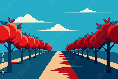 Stylized illustration of a symmetrical orchard with rows of red fruit trees under a blue sky