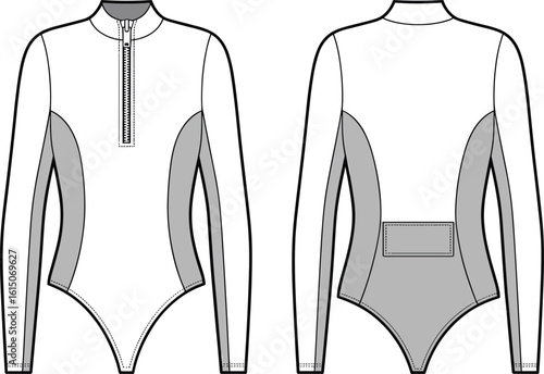 Long sleeve front zipper bodysuit flat sketch, fashion cad drawing, vector technical illustration, women swimsuit design, back view included