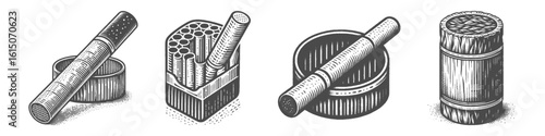 Vintage Hand-Drawn Cigarette Collection Illustration, Smoking Object Engraved Style Vector for T-Shirts and Lifestyle Themes Design