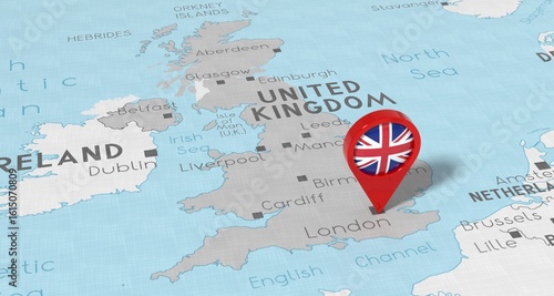 Photography United Kingdom, London - location pin with national flag on political map - 3D i
