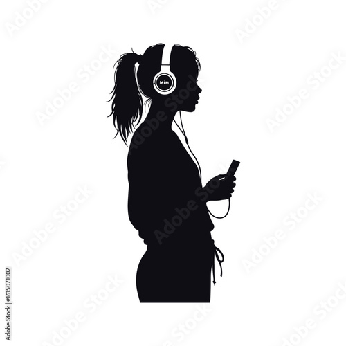 Silhouette of a Woman Listening to Music with Headphones Vector Illustration