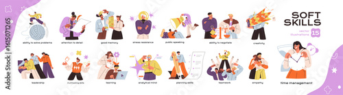 Concept set of different soft skills for work. Various business abilities of employees for career: communication, multitasking, time management, teamwork. Flat isolated vector illustrations on white
