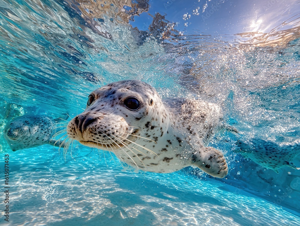 Fototapeta premium Playful spotted seal swimming dynamically in crystal-clear turquoise waters near the surface, capturing its joyful energy and curious marine behavior