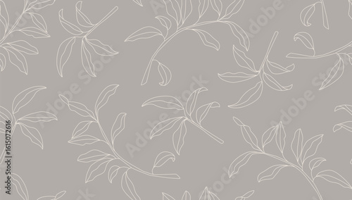Floral Seamless Pattern Line Art Minimalist Style. Leaves Branch Seamless Background. Hand Drawn Floral Motif Batik Design. Linear Leaf Background Template. Vector illustration.