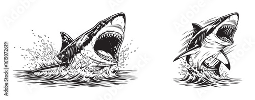 Two great white sharks jumping vector illustration
