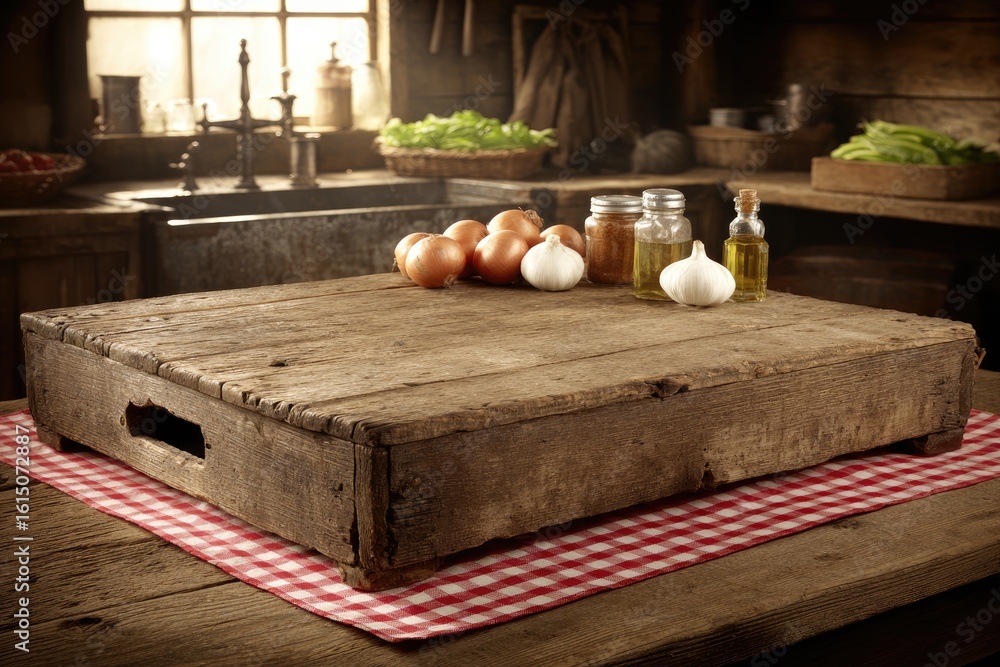 Fototapeta premium Rustic wooden kitchen counter with cutting board and vegetables