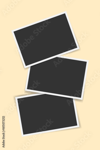 Vector vertical template with three overlapping photo frames. Realistic photo collage background. Blank placeholders for images, poster, memories, scrapbooking, social media, album design mockup