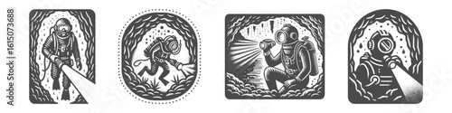 Vintage Hand-Drawn Diving Deep Cave Collection Illustration, Underwater Exploration Engraved Style Vector for T-Shirts and Ocean Themes Design