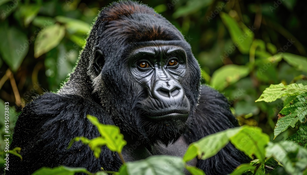 Fototapeta premium Majestic Gorilla Portrait: Serene Gaze in Lush Rainforest