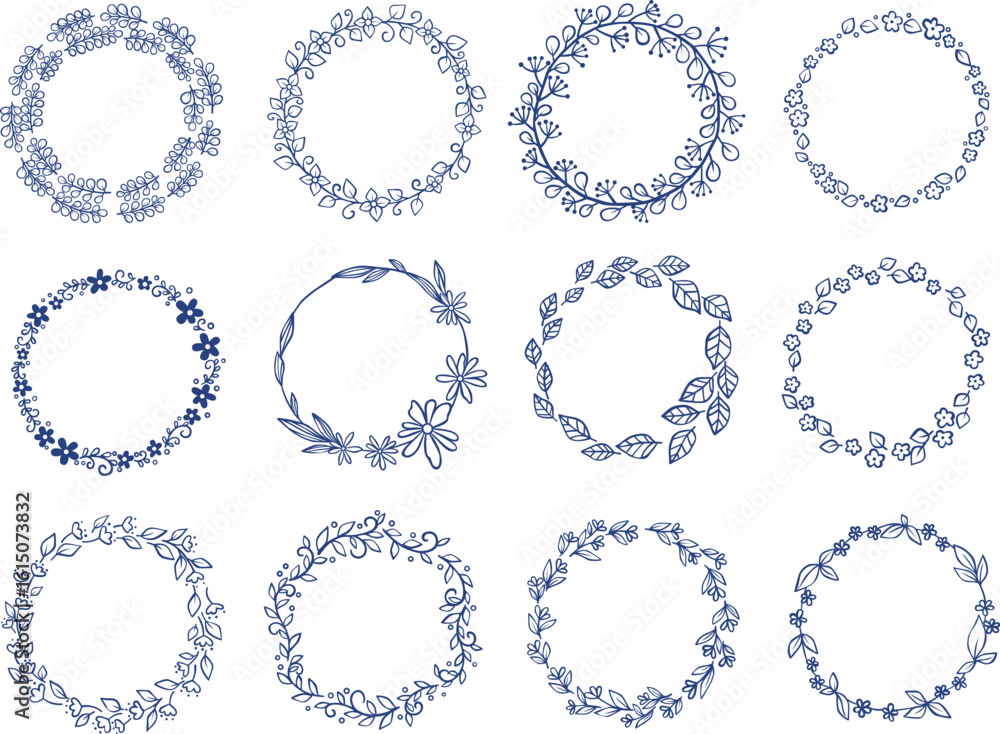 Fototapeta premium Abstract dooble leaves and flower in navy blue color wreath ornament for decoration on on classic style nature and wedding event.