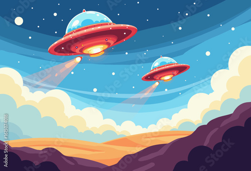 Two flying saucers above desert landscape with starry sky  