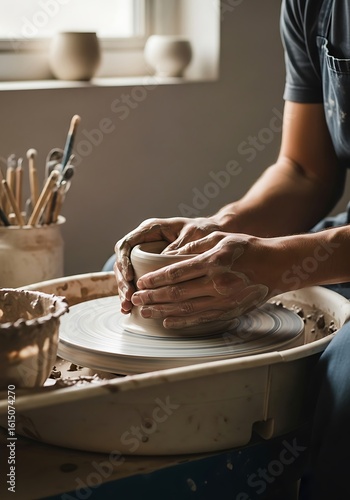 Hands shaping clay on a pottery wheel in a bright studio environment close up