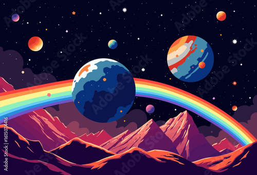 Colorful cosmic landscape with planets and rainbow over mountains  