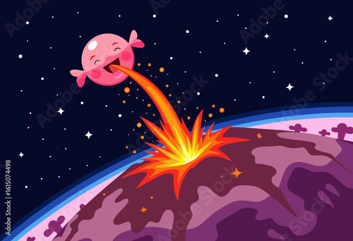 Cute pink character spitting towards erupting volcano in space  