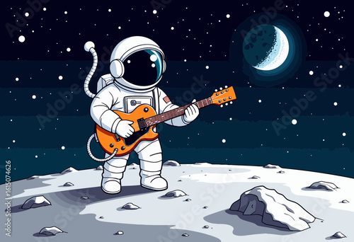 Astronaut playing guitar while standing on the moon under starry sky  