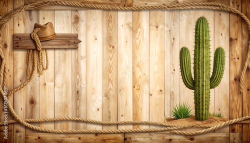 Rustic wooden backdrop with cactus, cowboy hat, and rope border