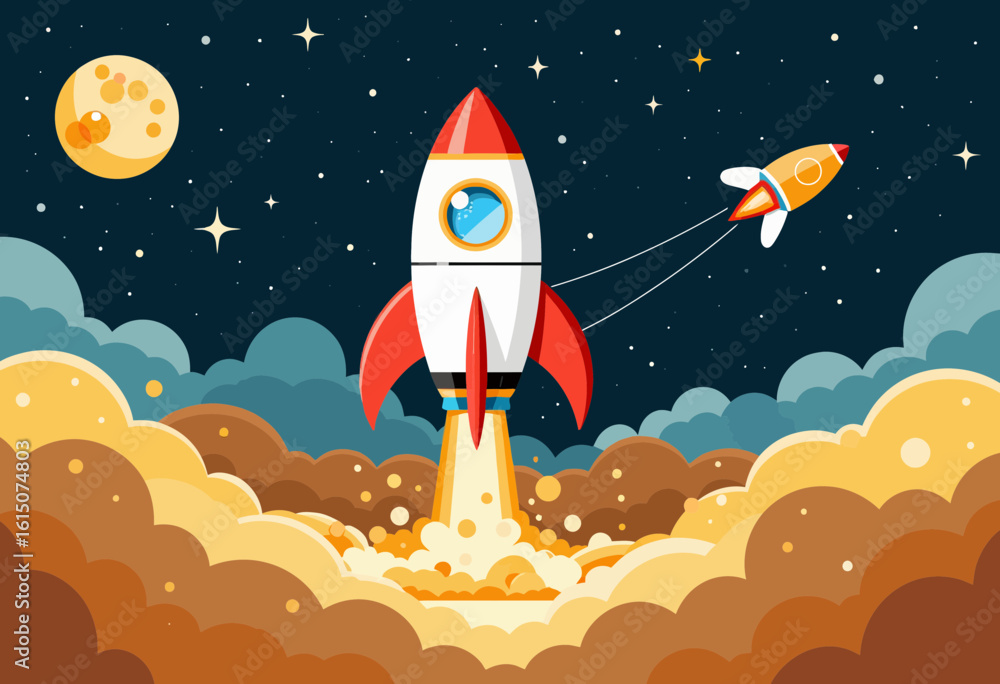 Fototapeta premium Cartoon rocket launching into space with stars and planets visible 