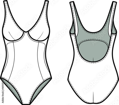One piece swimsuit flat sketch, front and back view, fashion cad drawing, technical swimwear vector, minimal design, detailed outline