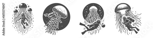 Vintage Hand-Drawn Diving With Jellyfish Collection Illustration, Underwater Sport Engraved Style Vector for T-Shirts and Ocean Themes Design