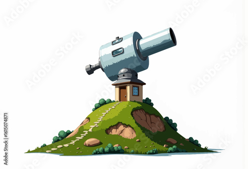 Cartoon telescope on hilltop with green grass and path  