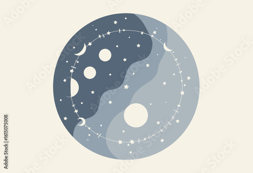 Abstract illustration of celestial moon phases and stars  