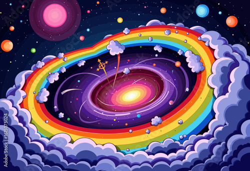 Colorful galaxy with rainbow and stars amidst swirling clouds  