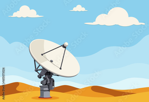 Satellite dish on desert landscape under blue sky with clouds  