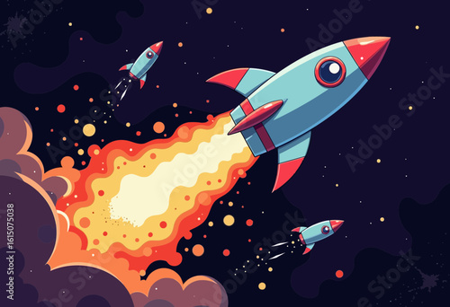 Colorful rockets launching into space with flames and stars in background  
