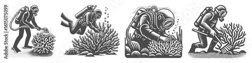 Vintage Hand-Drawn Diving And Cleaning Coral Collection Illustration, Underwater Conservation Engraved Style Vector for T-Shirts and Ocean Themes Design