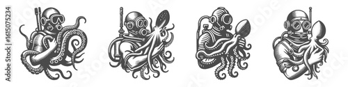 Vintage Hand-Drawn Diving with Octopus Collection Illustration, Ocean Creature Engraved Style Vector for T-Shirts and Marine Exploration Themes Design